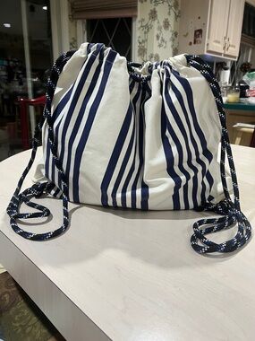 Zara Man Striped Navy & White Drawstring Backpack & Shoulder Bag